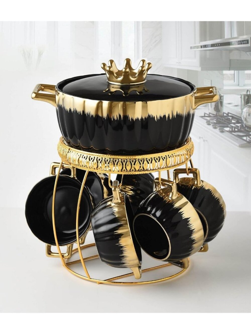 Elegant Ceramic Soup Tureen Set with 6 Bowls & Gold Stand - Perfect for Ramen